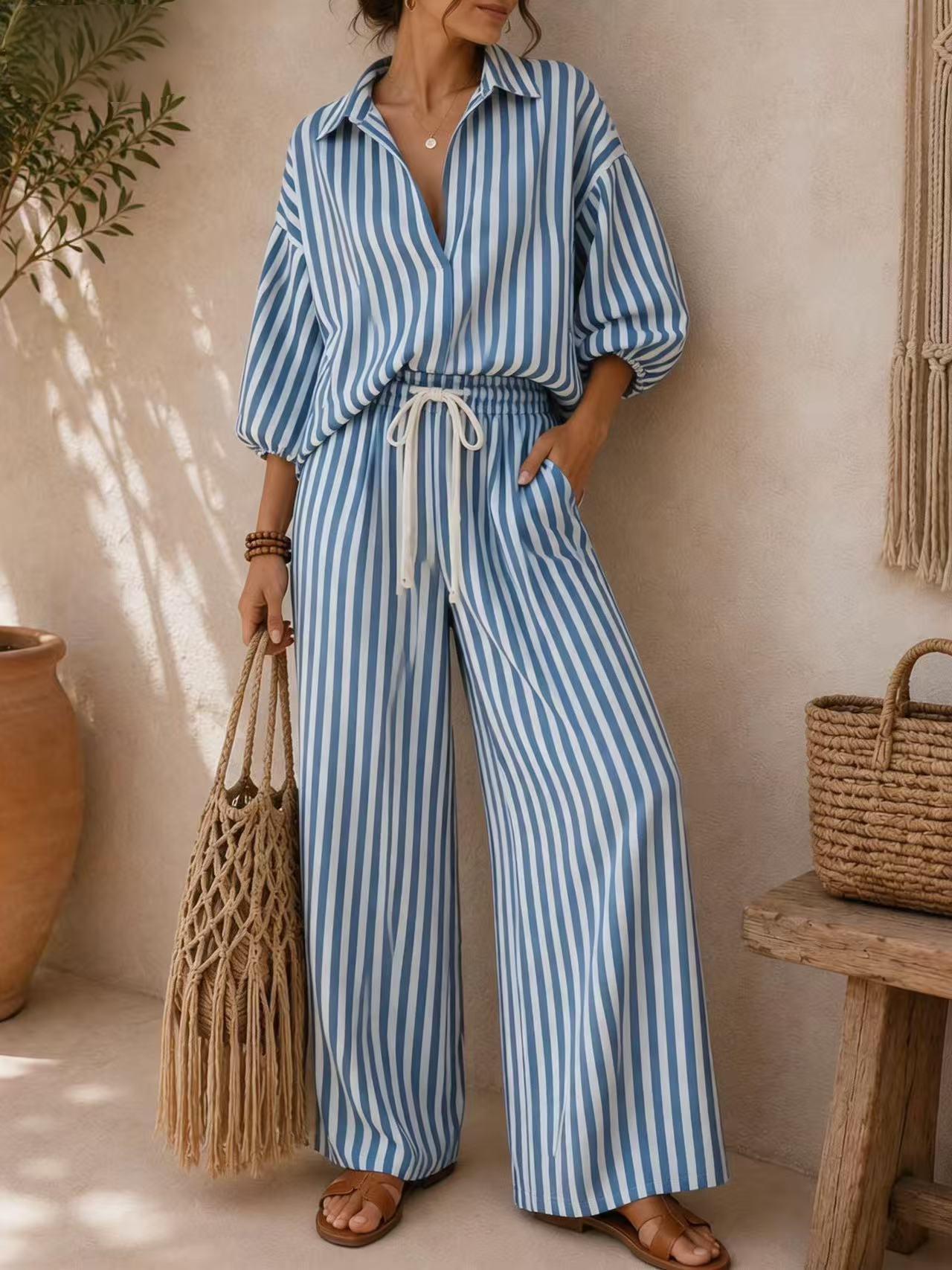 Etta Cotton Linen Striped Two Piece Pants Set
