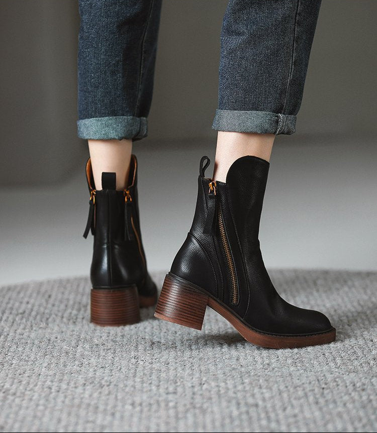 Margo & Main – side-zip stacked heel cowhide ankle boots, side view, US women's sizes