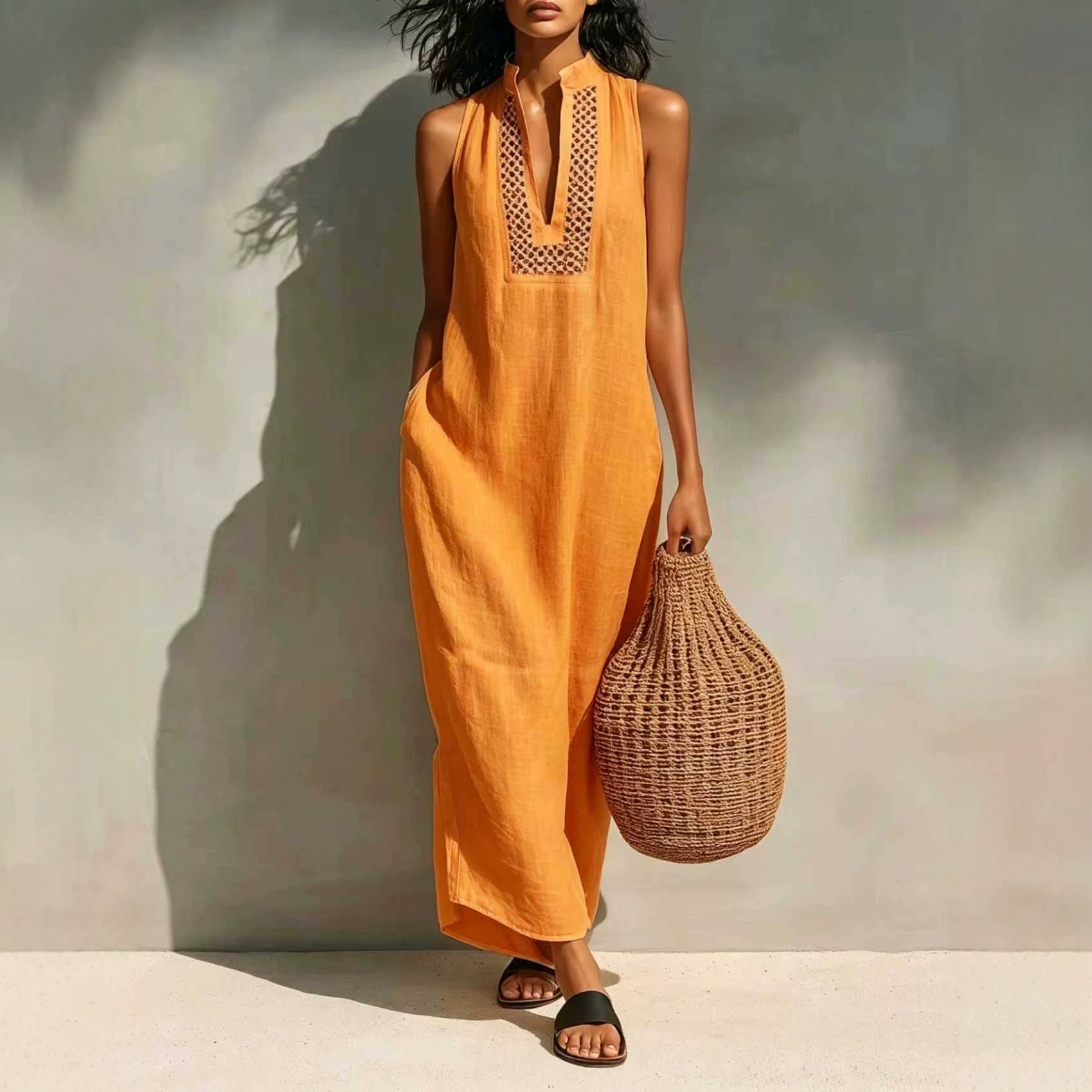 Maelle Breathable Crochet Panel Maxi Dress