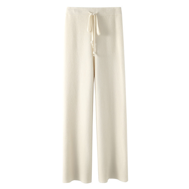 Margo & Main – Malin ivory drawstring wide-leg wool pants, full-length flat product view with the waist tie, US women's sizes