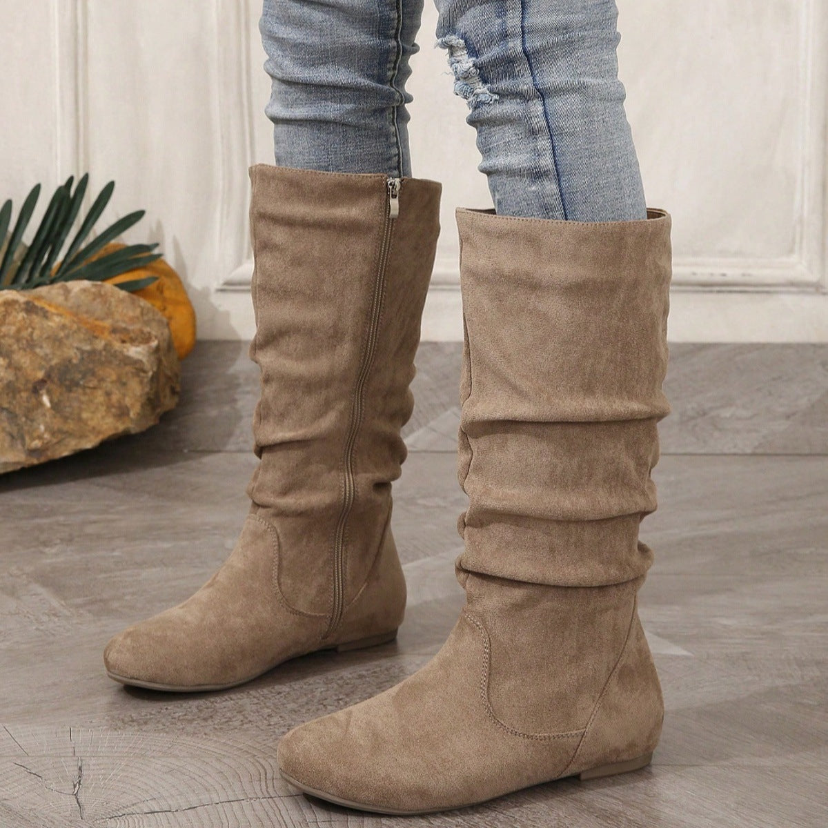 Frida Slouch Mid-Calf Flat Suede Boots