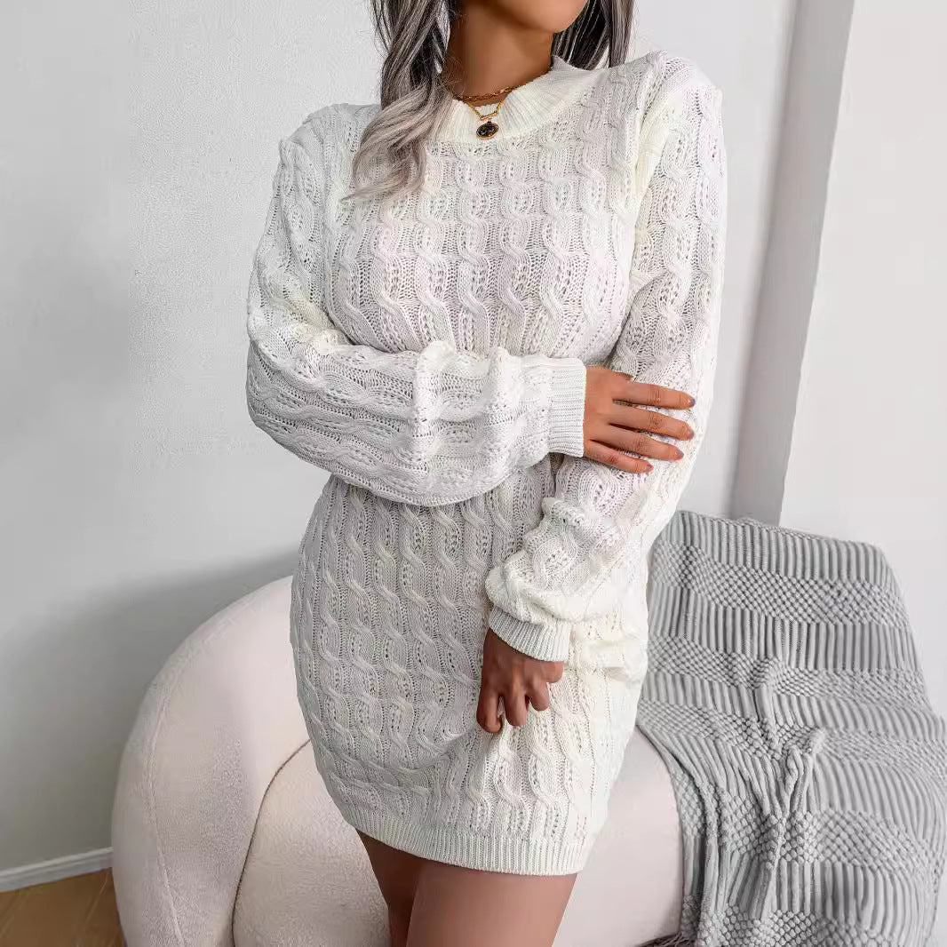Margo & Main – white textured knit sweater dress smocked waistband view, US women's sizes