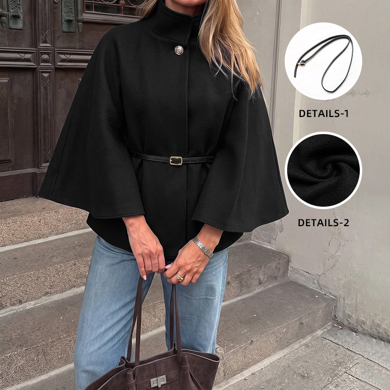 Chloris Wool Belted Stand-Collar Cape Coat
