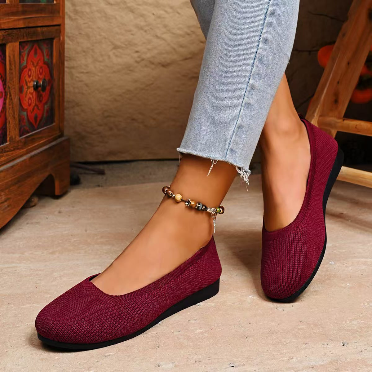 Margo & Main – Astri burgundy knit slip-on comfort ballet flats, worn front view with cropped jeans, US women's sizes