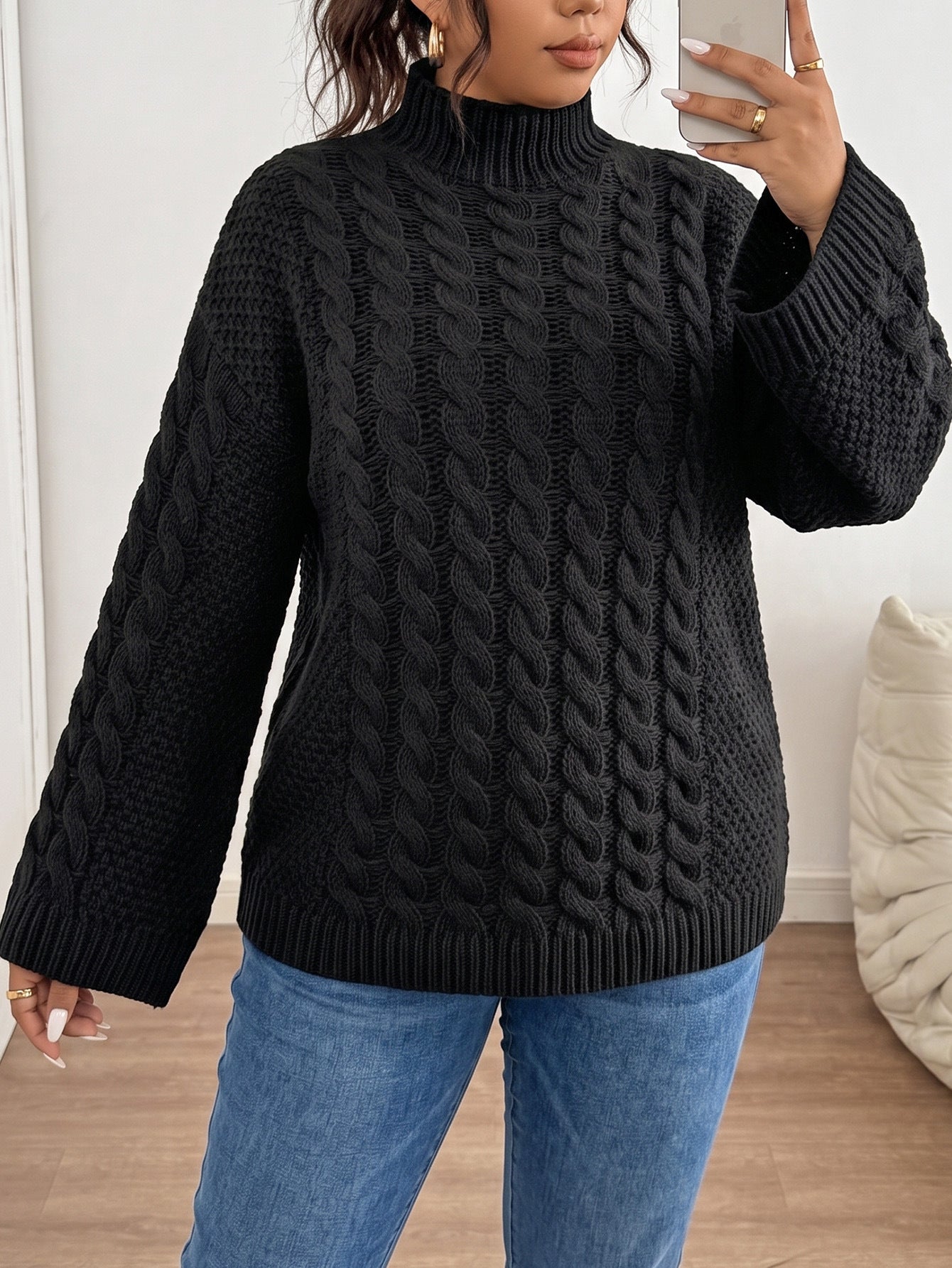 Margo & Main - camel chunky cable knit sweater, neckline and sleeve close-up, US women's sizes
