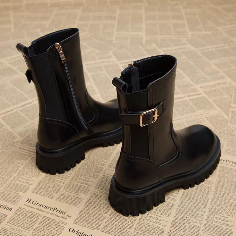 Vera Buckle Side-Zip Lug Sole Leather Chelsea Boots