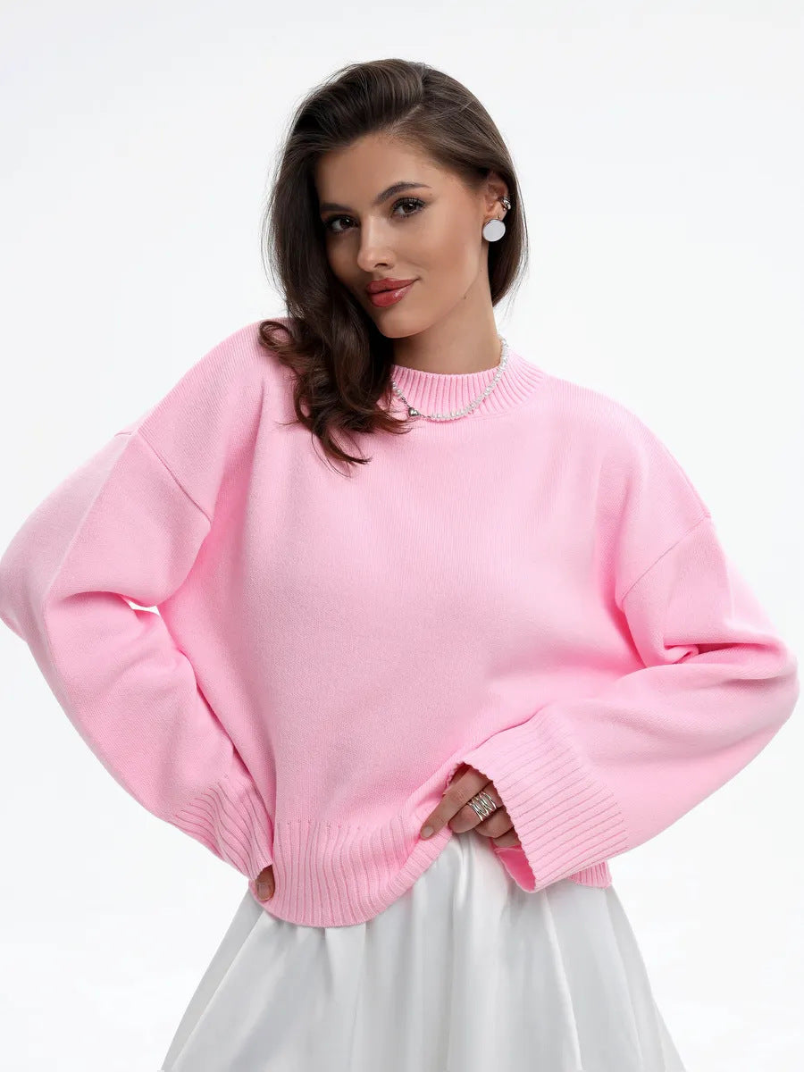 Margo & Main – pink oversized crew neck pullover sweater front view, US women's sizes