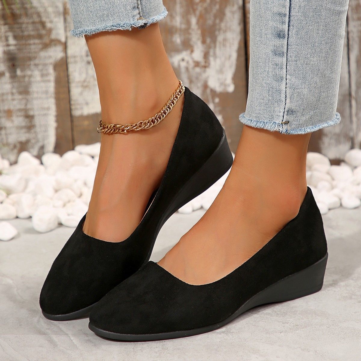 Margo & Main - gray suede pointed-toe wedge flats side profile detail, US women's sizes