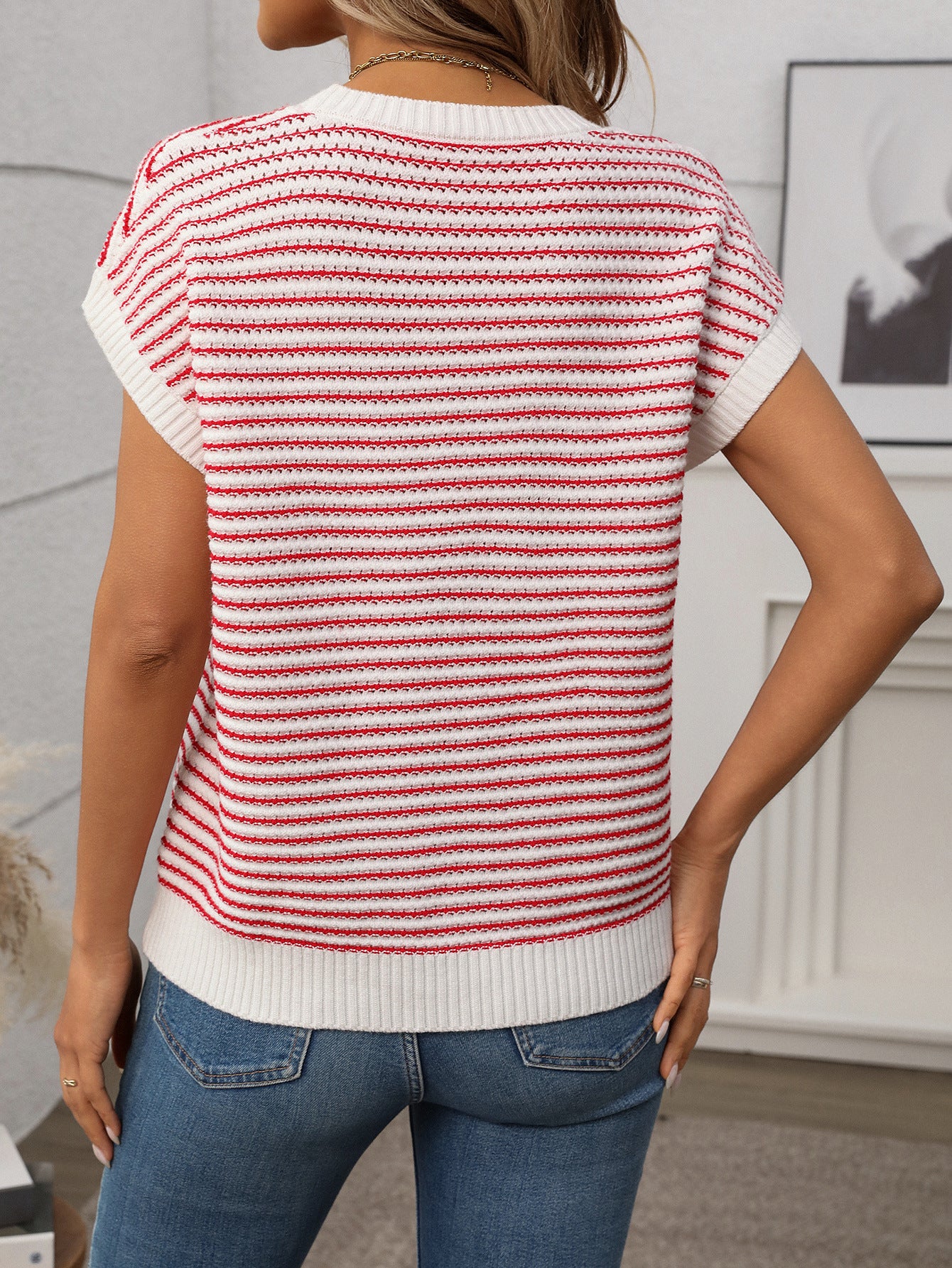 Irene Striped Textured Cap Sleeve Knit Top