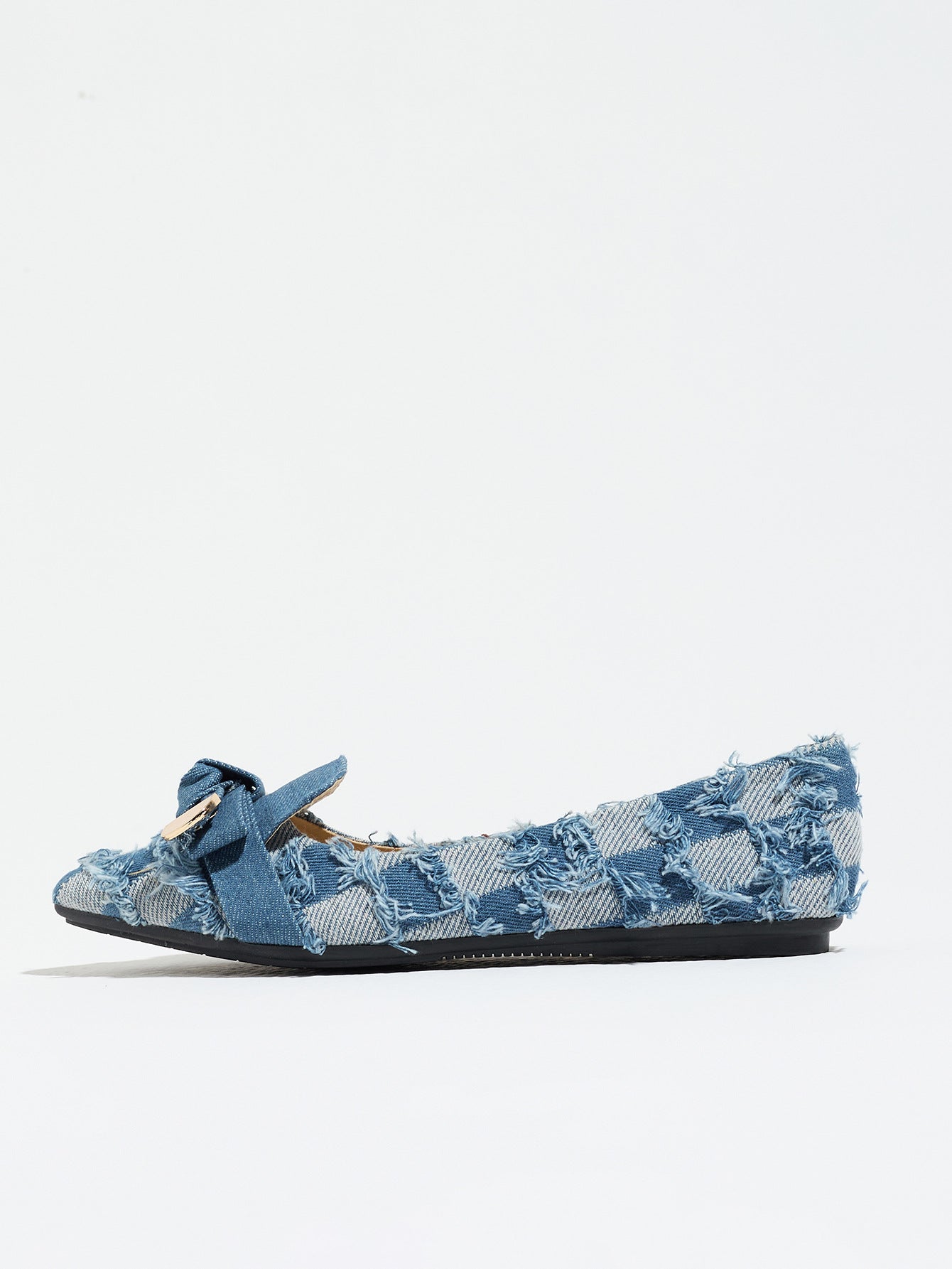 Margo & Main – blue denim pointed toe slip-on flats, close-up view, US women's sizes