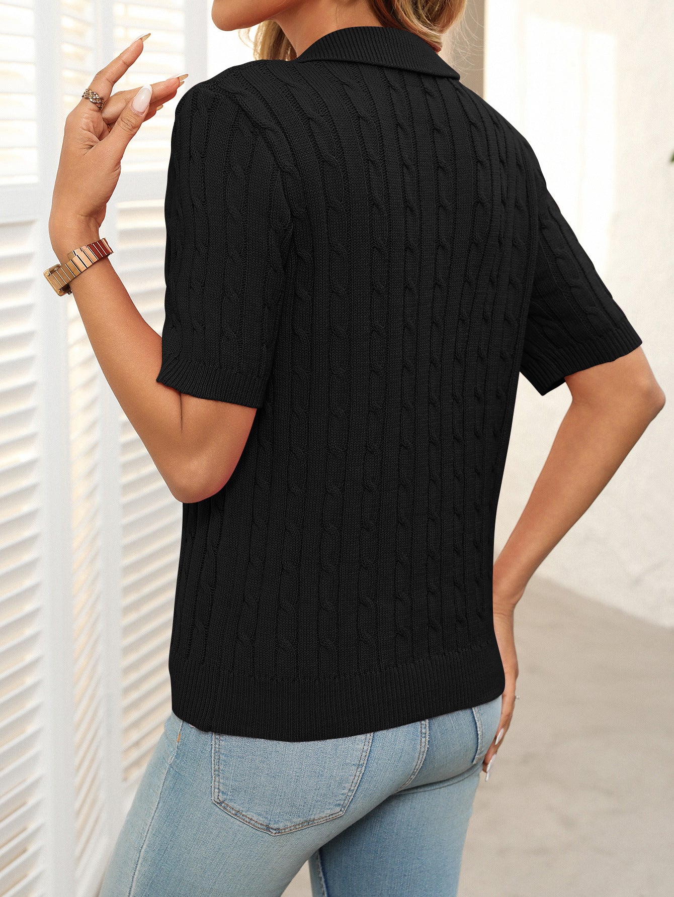 Rosine Cable Knit Short Sleeve Polo Top