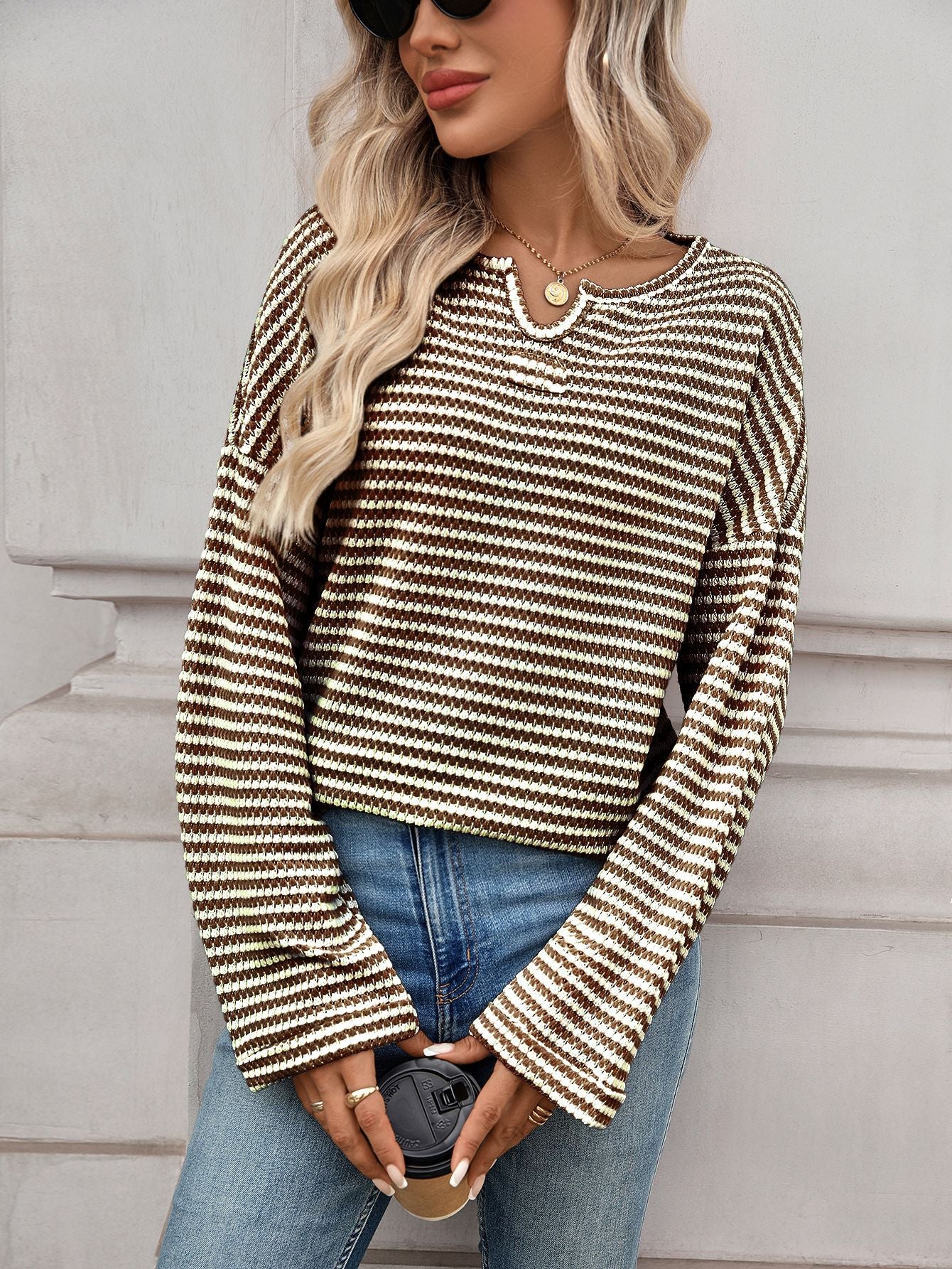 Margo & Main – waffle knit split-neck long sleeve top, fabric detail, US women's sizes
