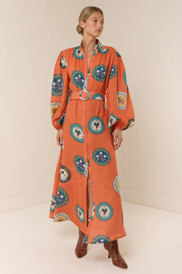 Rhoda Linen Floral Belted Shirt Dress