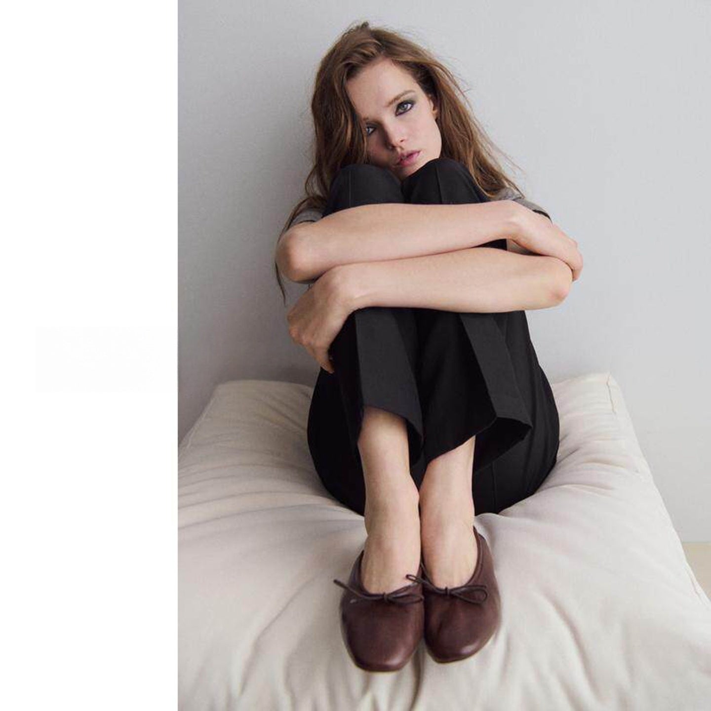 Margo & Main – brown ballet flats worn seated, everyday lifestyle shot, US women's sizes