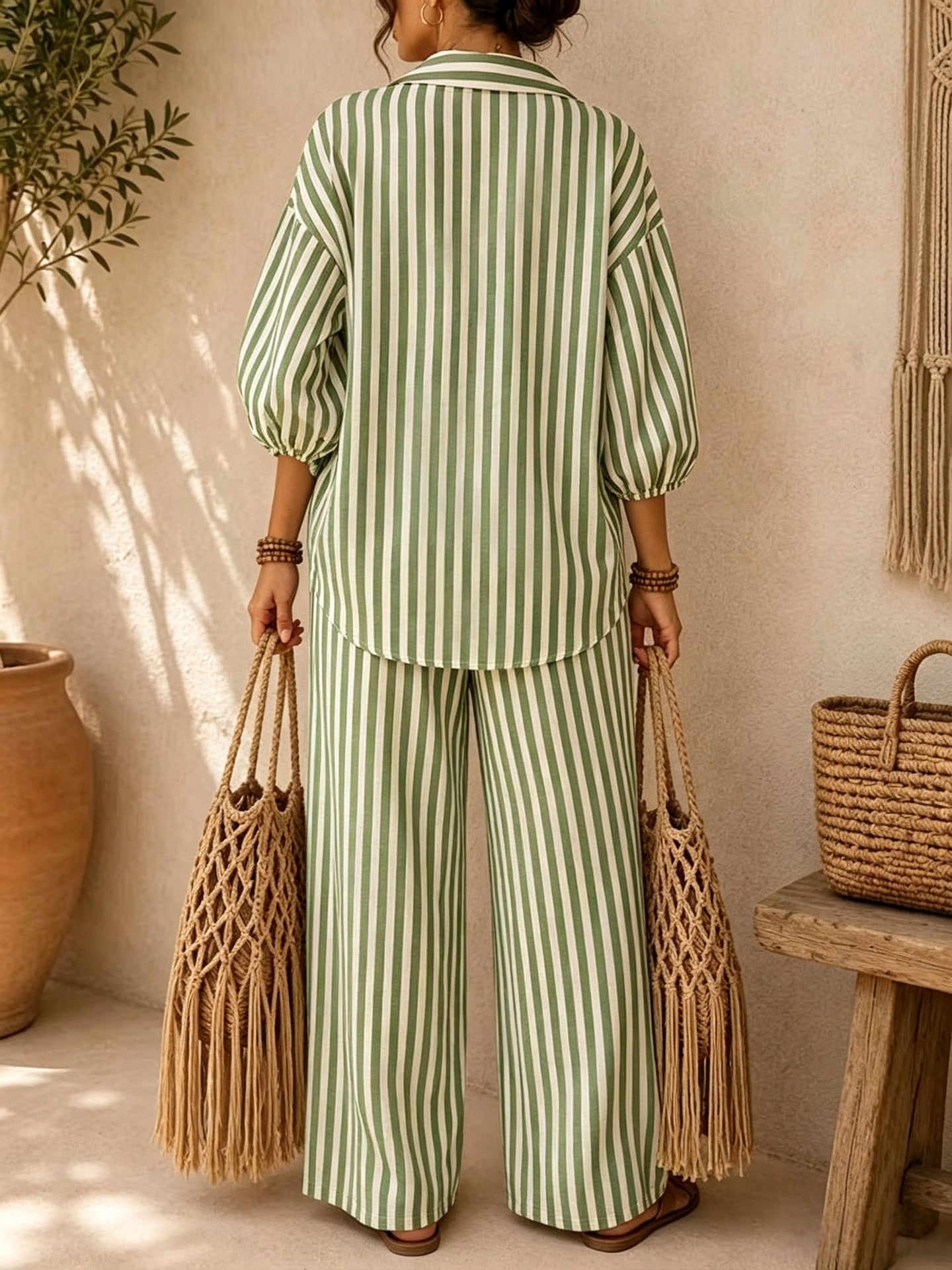 Etta Cotton Linen Striped Two Piece Pants Set