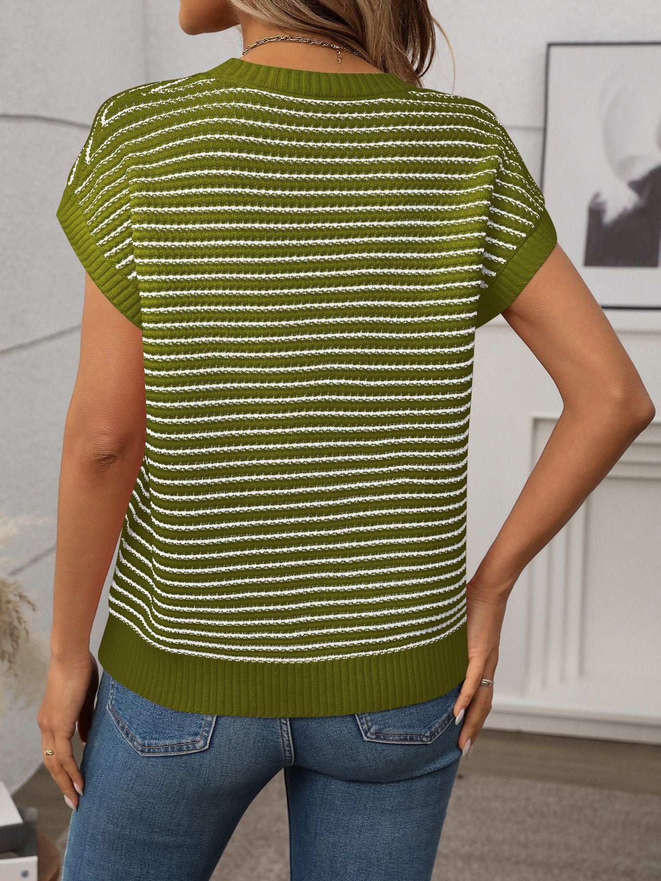 Irene Striped Textured Cap Sleeve Knit Top