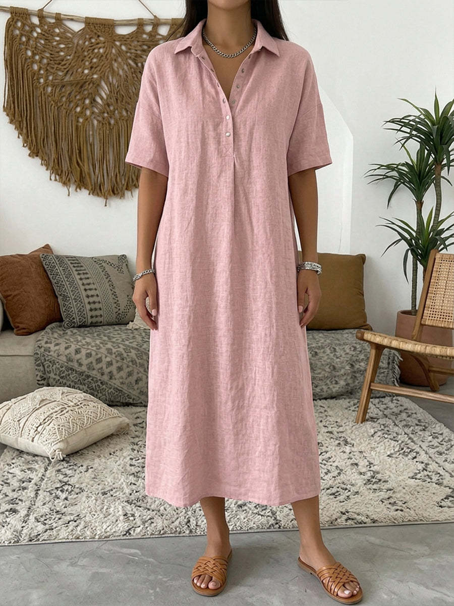 Margo & Main – Fenna soft pink collared linen shirt midi dress, full-length front view in a boho living room, US women's sizes