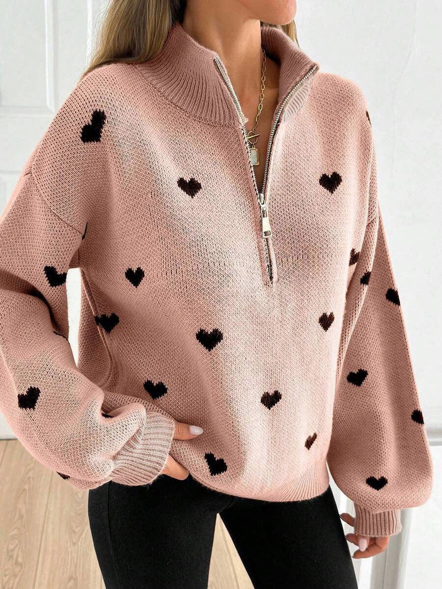 Margo & Main – heart print quarter-zip sweater, angled view, US women's sizes