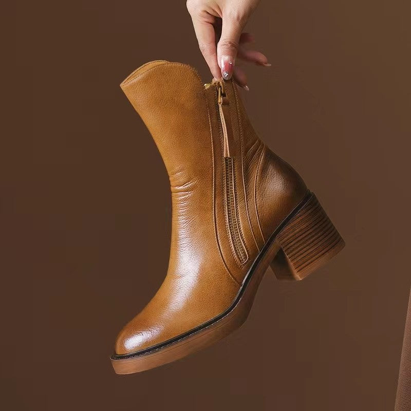 Margo & Main – side-zip stacked heel cowhide ankle boots, fabric detail, US women's sizes