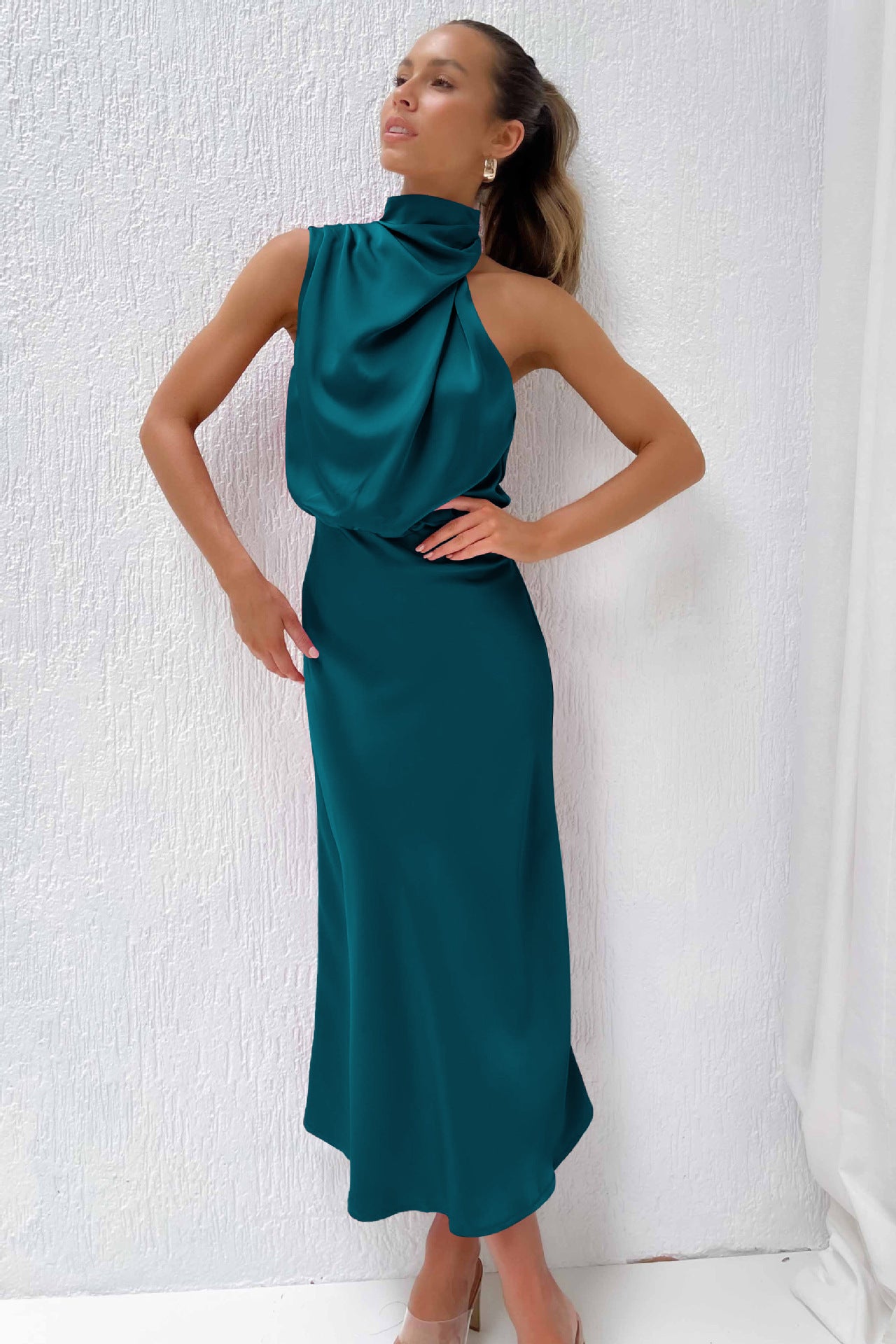 Elara Draped Satin Midi Dress