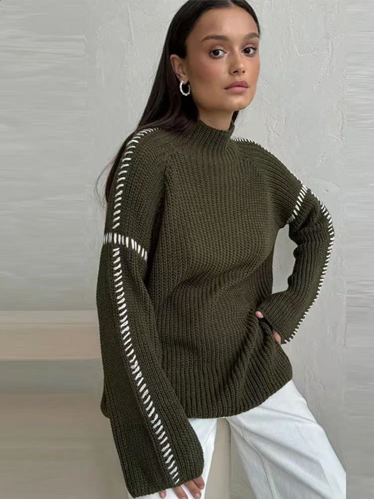 Guinevere Contrast-Stitch Mock Neck Sweater