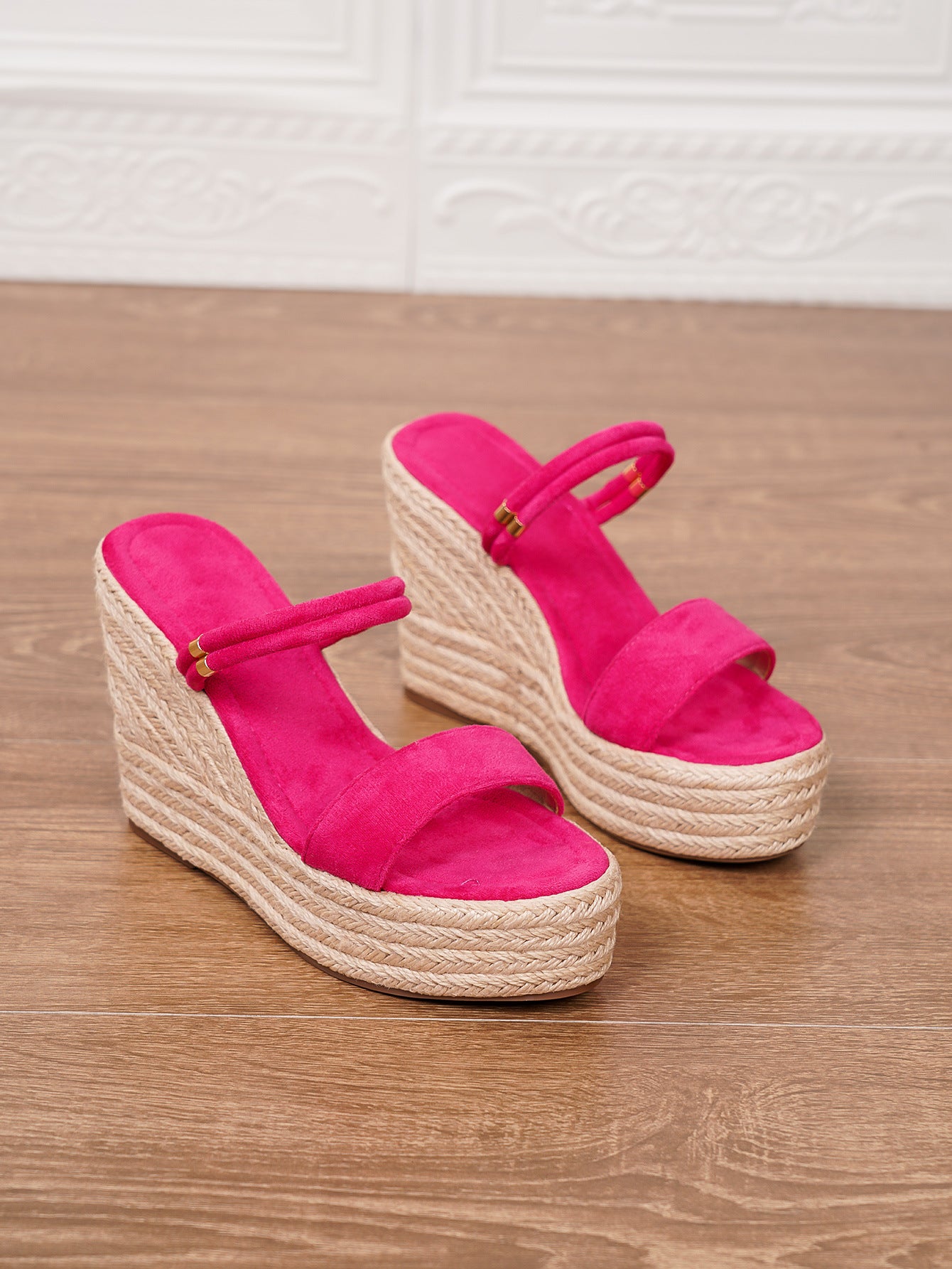 Margo & Main – braided straw platform slide sandals, fabric detail, US women's sizes