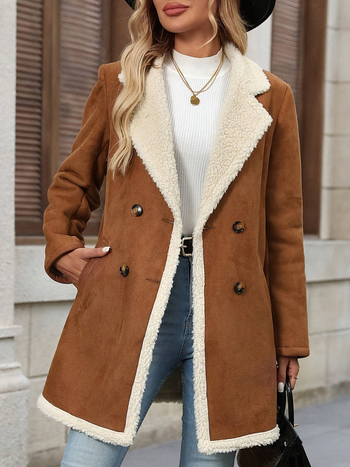 Nicolette Faux Suede Sherpa Trim Coat