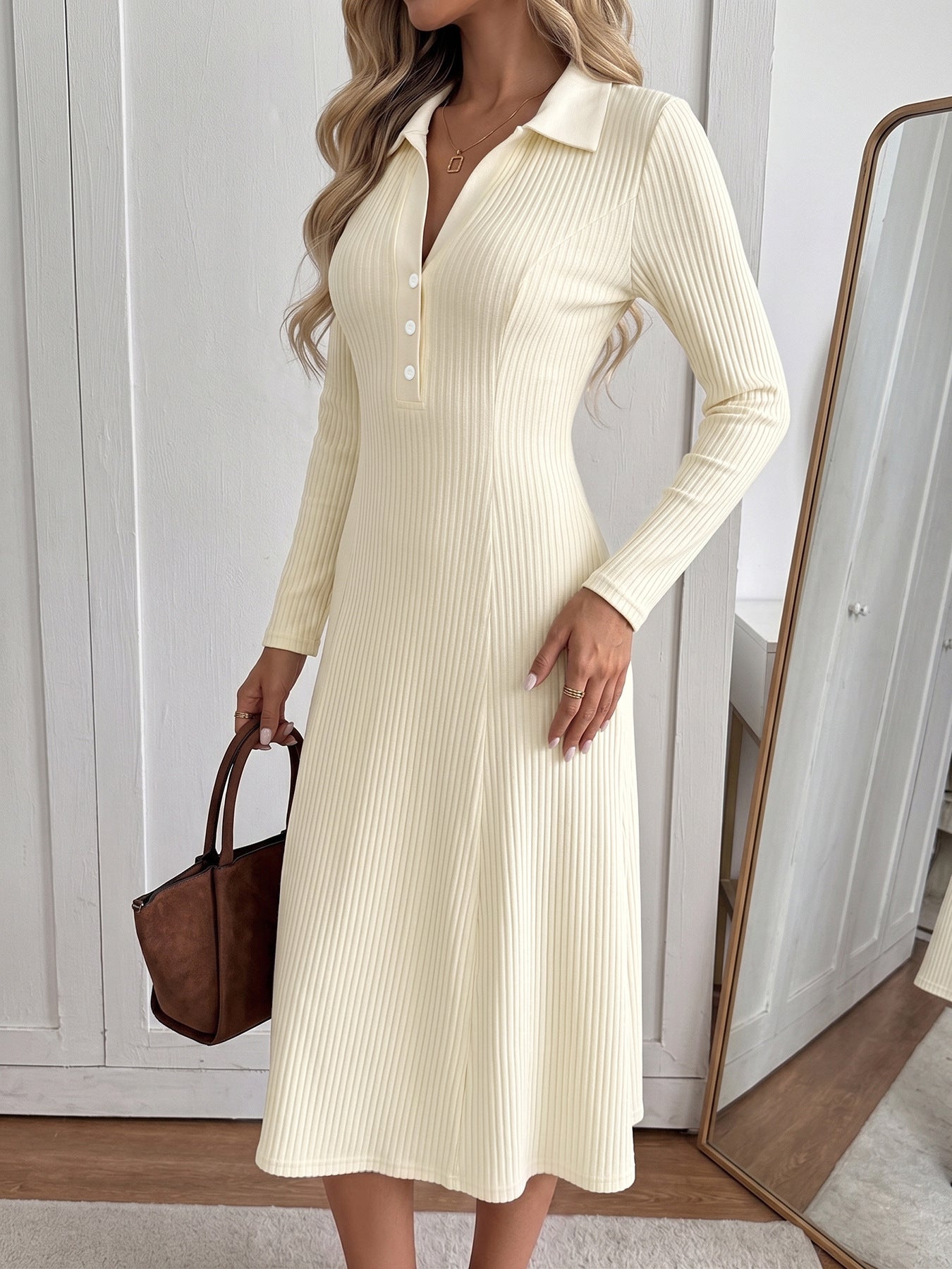 Margo & Main – cream ribbed knit polo collar midi dress, front view, US women's sizes