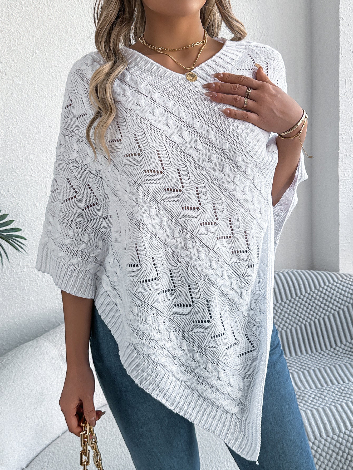 Margo & Main – cable knit v-neck cape poncho, full length view, US women's sizes