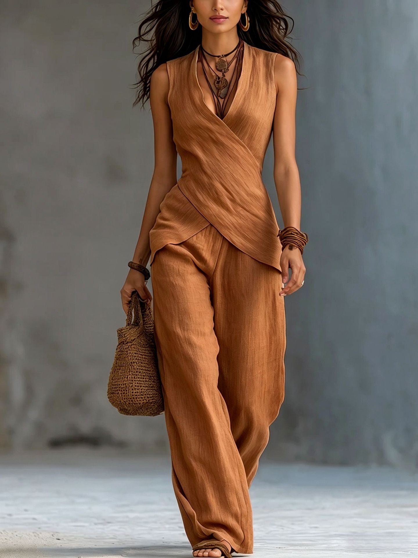 Margo & Main – linen wrap top and wide-leg pant set, detail view, US women's sizes