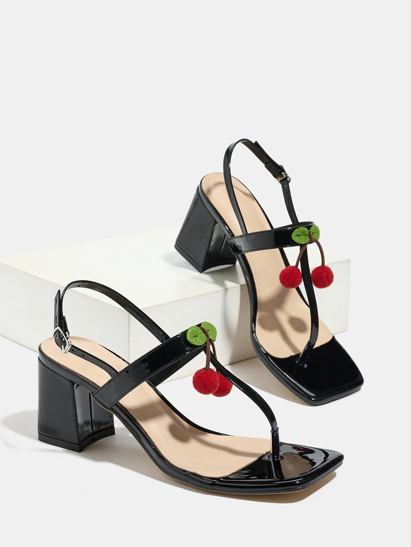 Cherry Detail Glossy Block Heel Sandals