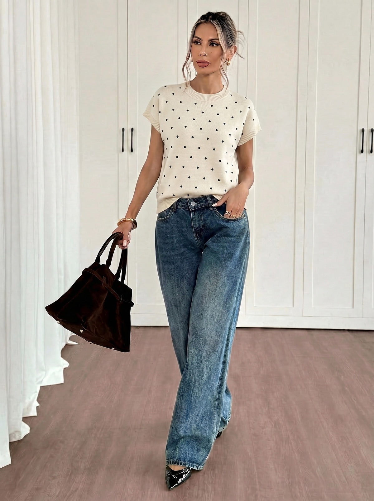 Selma Polka Dot Short Sleeve Knit Sweater
