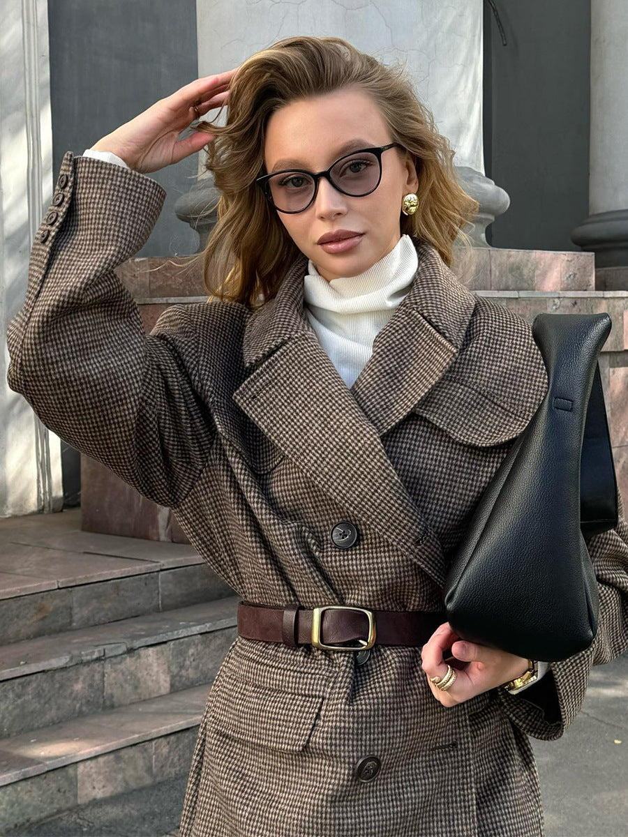 Letizia Houndstooth Wool Blend Double-Breasted Coat