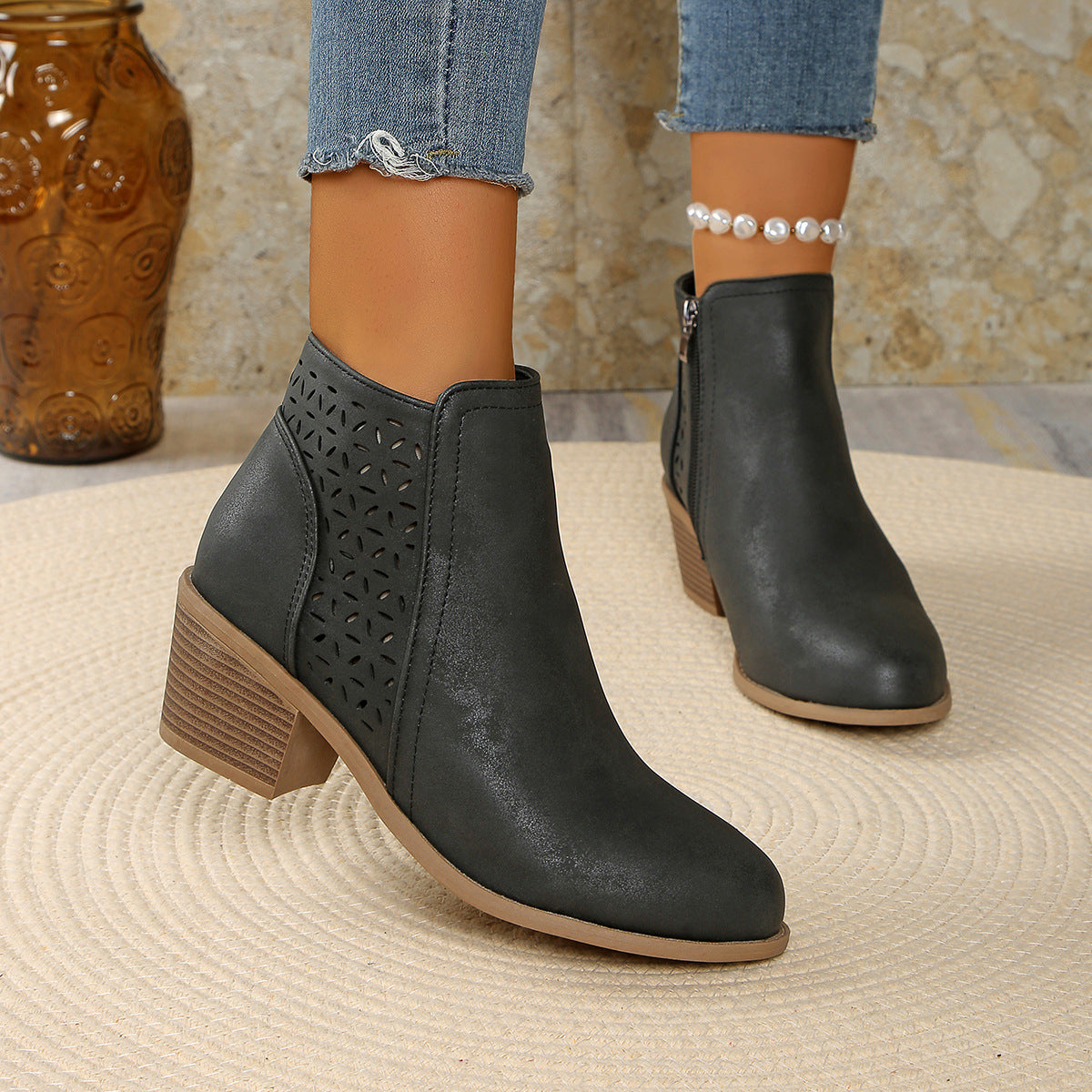 Margo & Main – cutout block heel ankle boots, back view, US women's sizes