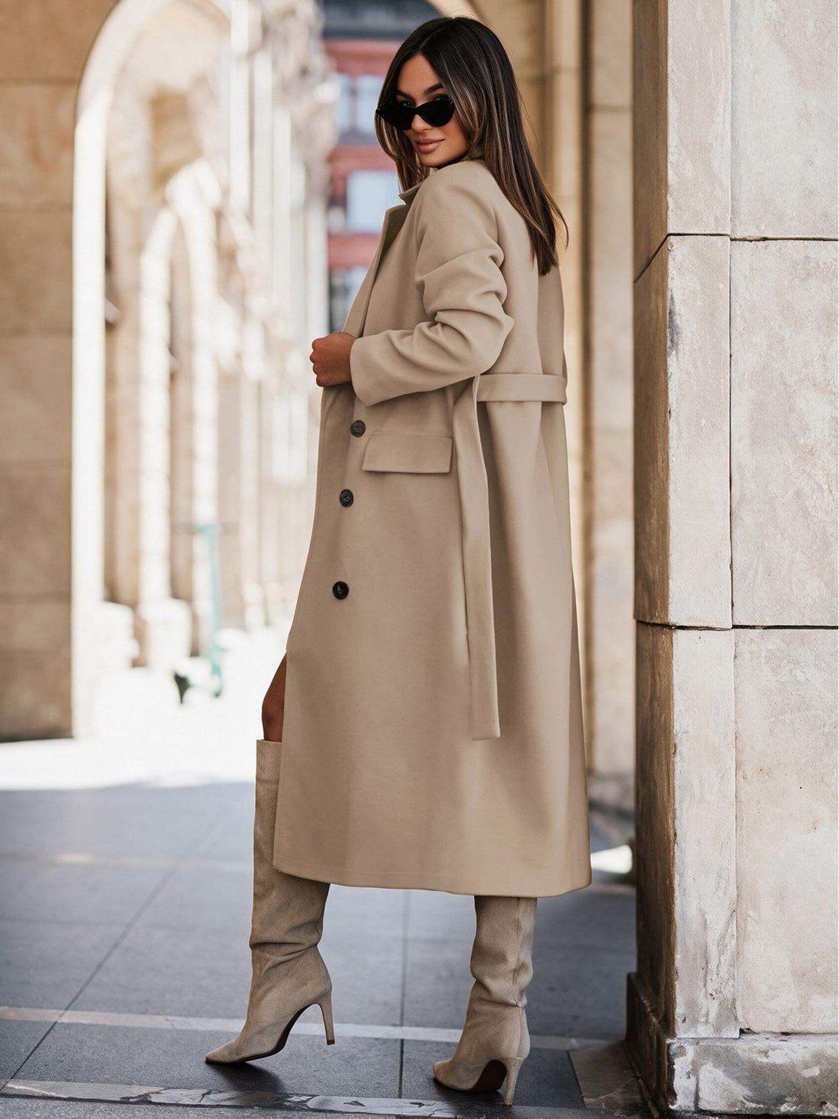 Margo & Main camel wool blend longline coat — side view of the belt and full-length cut, US women's sizes