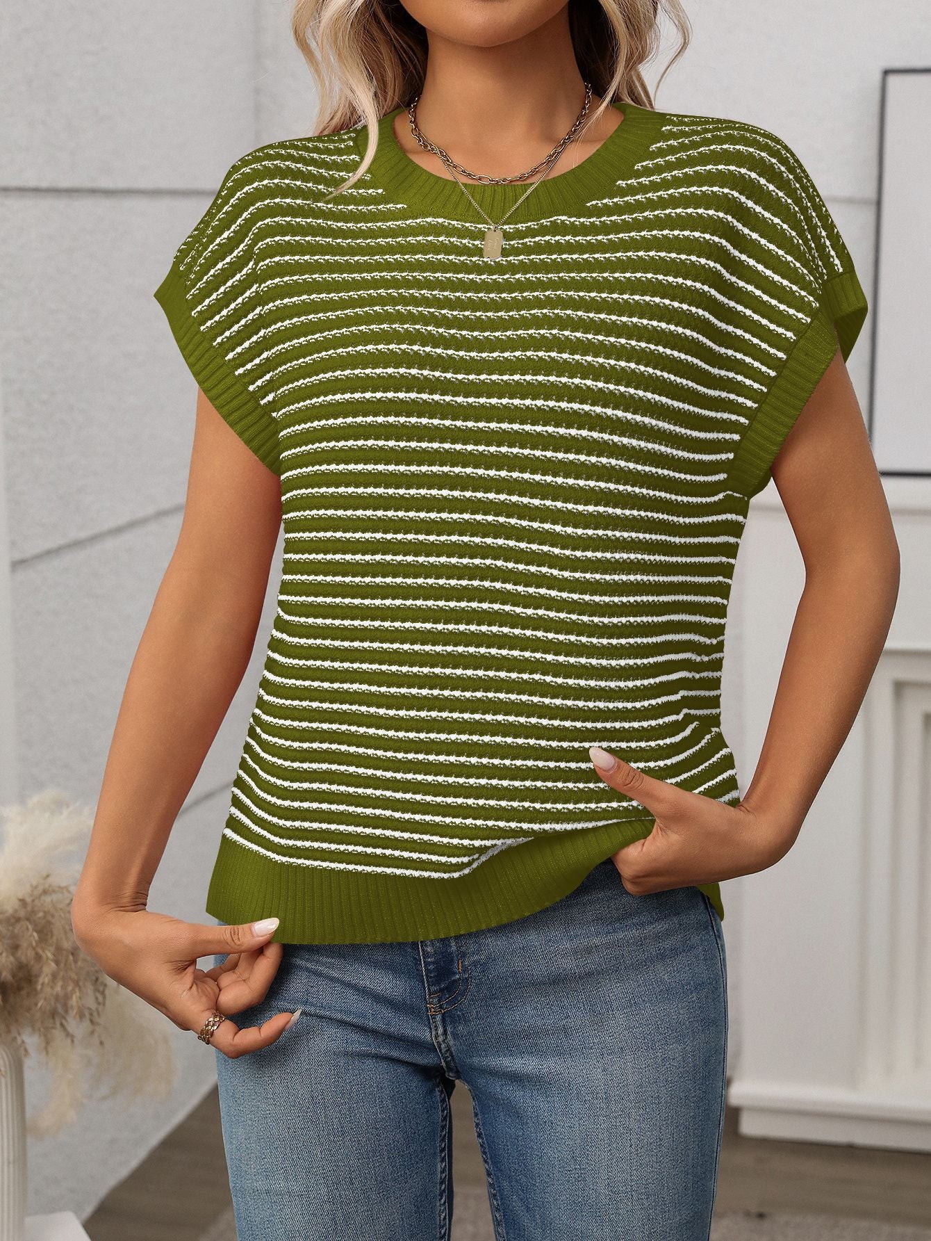 Irene Striped Textured Cap Sleeve Knit Top