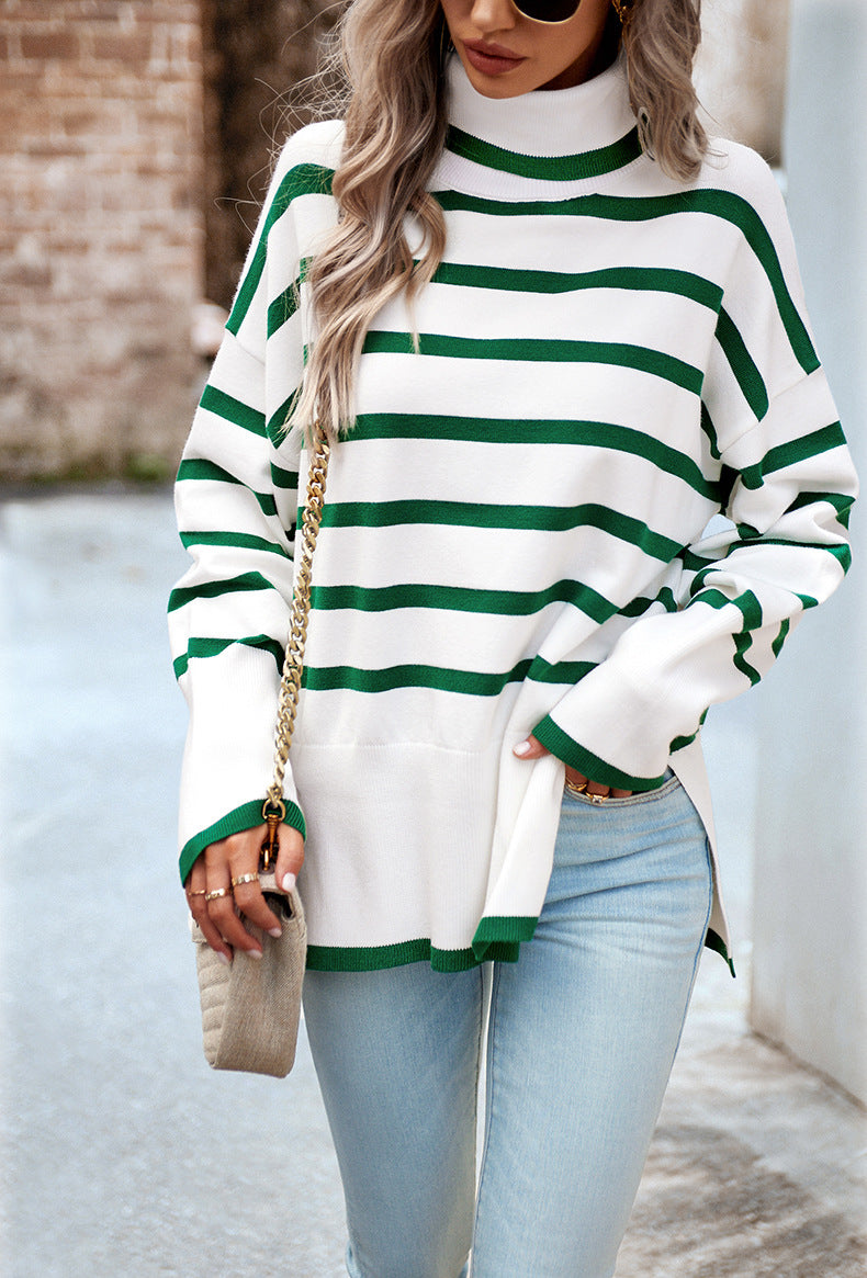 Elvie Striped Mock Neck Side-Slit Sweater