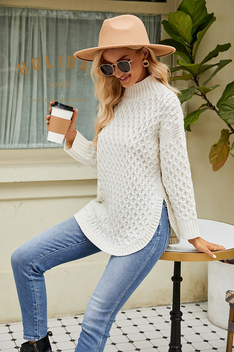 Margo & Main – textured mock neck tunic sweater, back view, US women's sizes