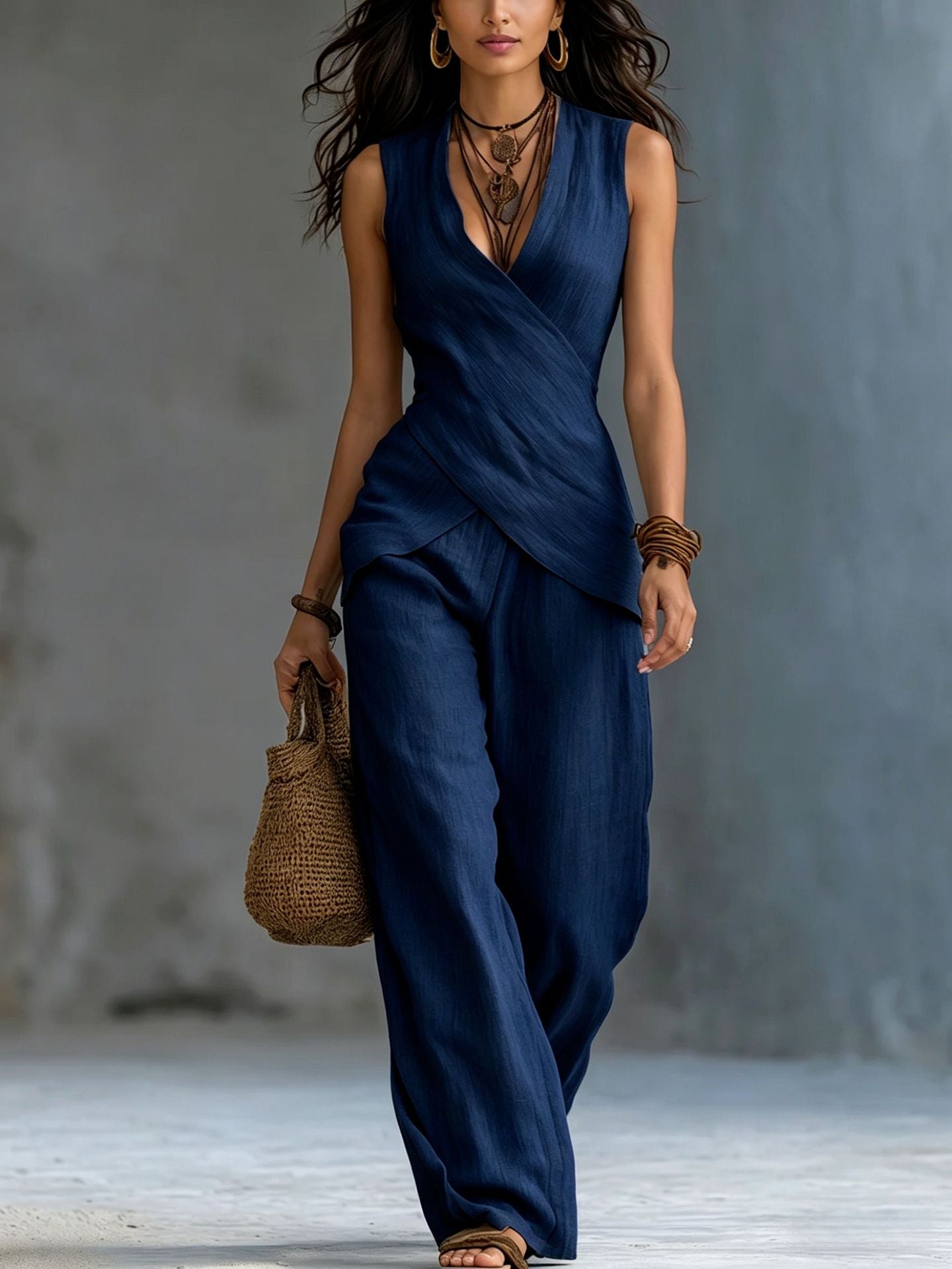 Margo & Main – linen wrap top and wide-leg pant set, styled view, US women's sizes