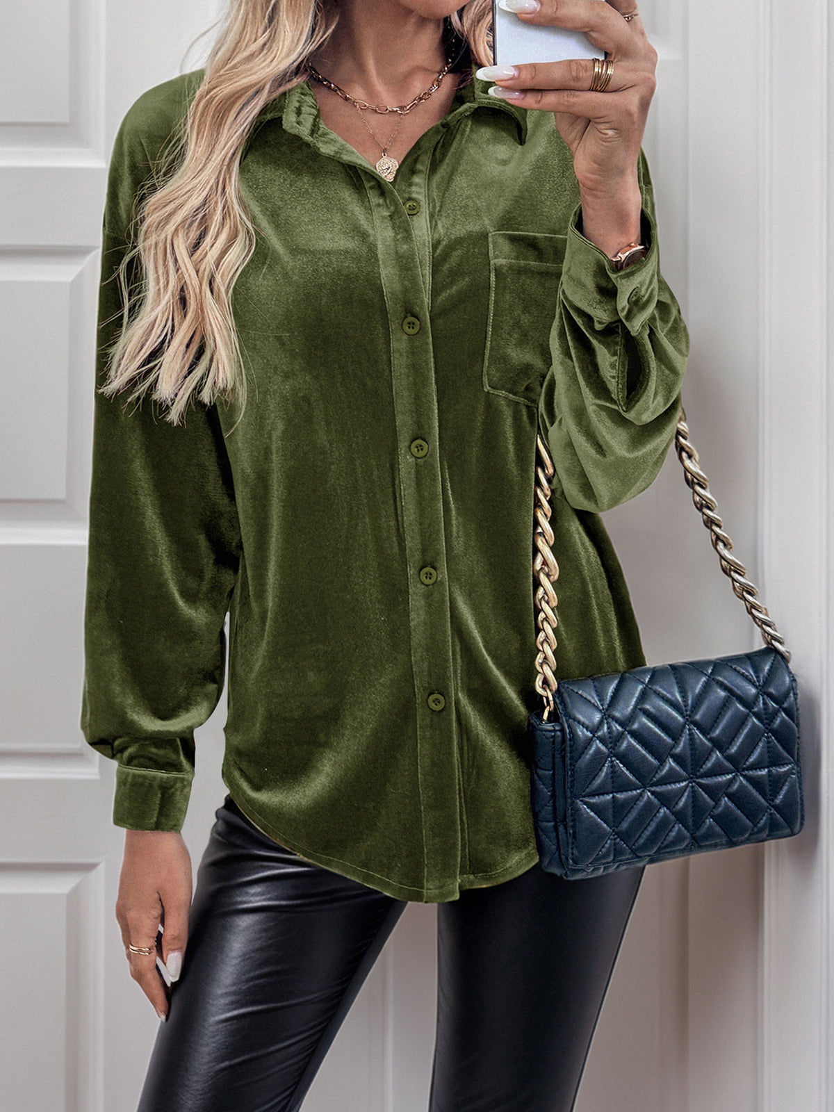 Margo & Main green velvet button-front shirt — mirror selfie buttoned up with a chain bag