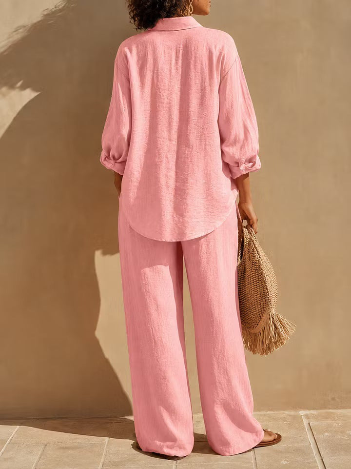 Alize Lightweight Button-Up Wide Leg Pants Set