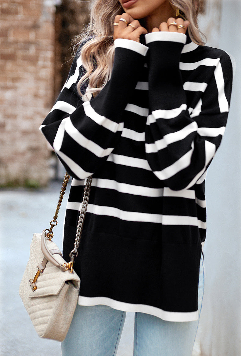 Elvie Striped Mock Neck Side-Slit Sweater