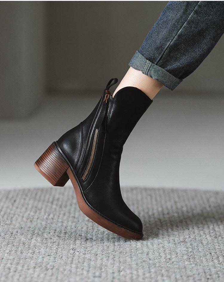 Margo & Main – side-zip stacked heel cowhide ankle boots, back view, US women's sizes