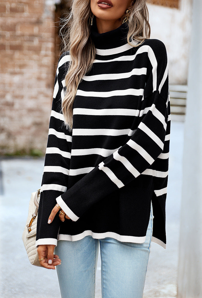 Elvie Striped Mock Neck Side-Slit Sweater