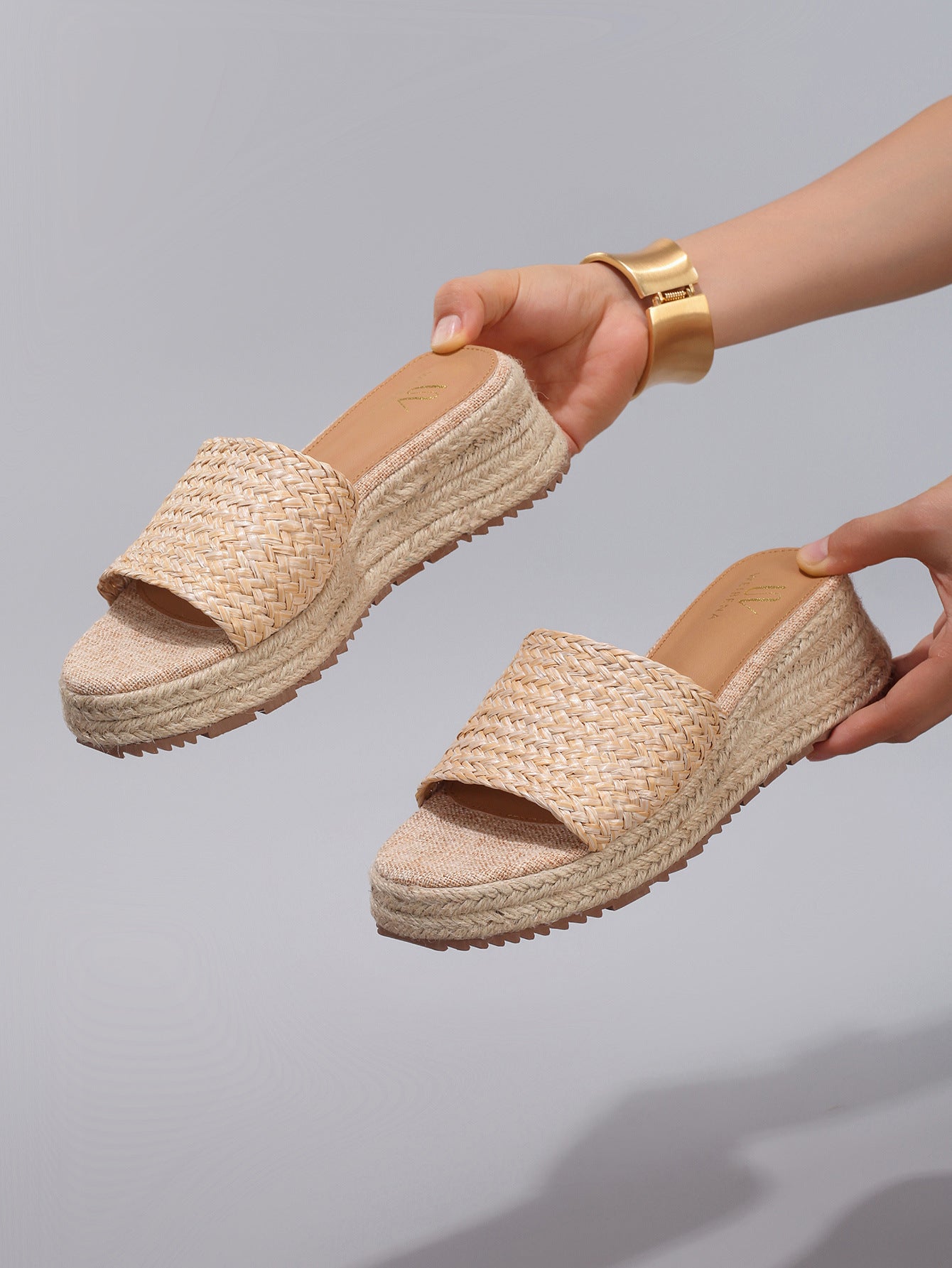 Margo & Main – raffia woven low wedge slide sandals, back view, US women's sizes