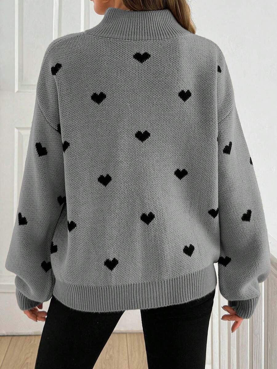 Margo & Main – heart print quarter-zip sweater, close-up view, US women's sizes