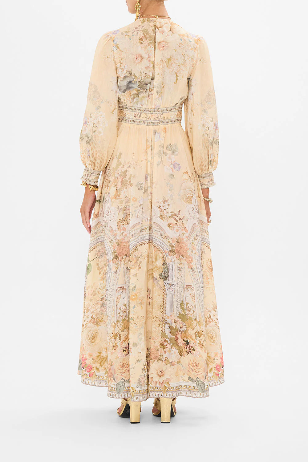 Margo & Main – floral chiffon puff sleeve maxi dress, back view, US women's sizes