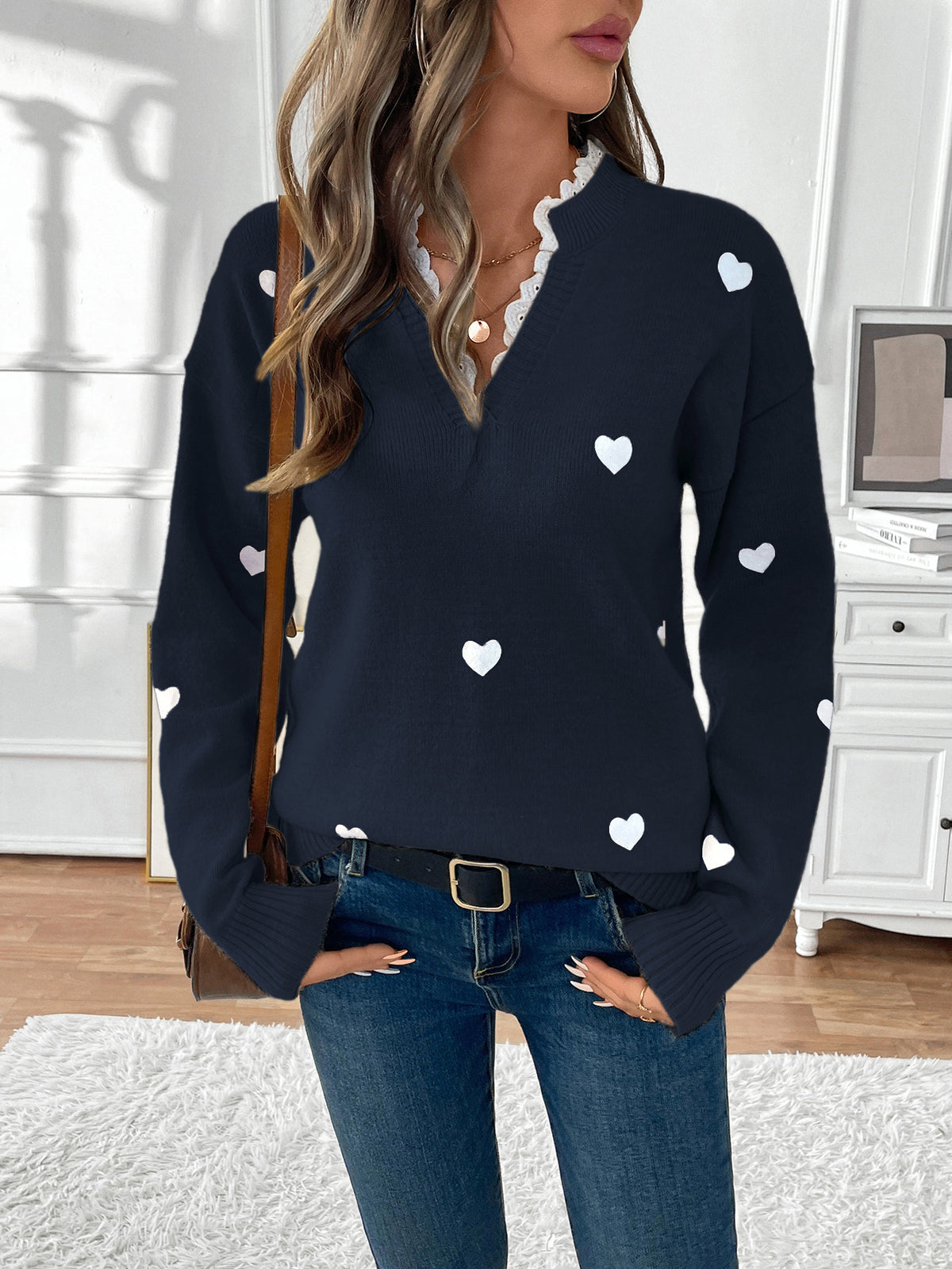 Candela Heart Embroidered Lace V-Neck Sweater