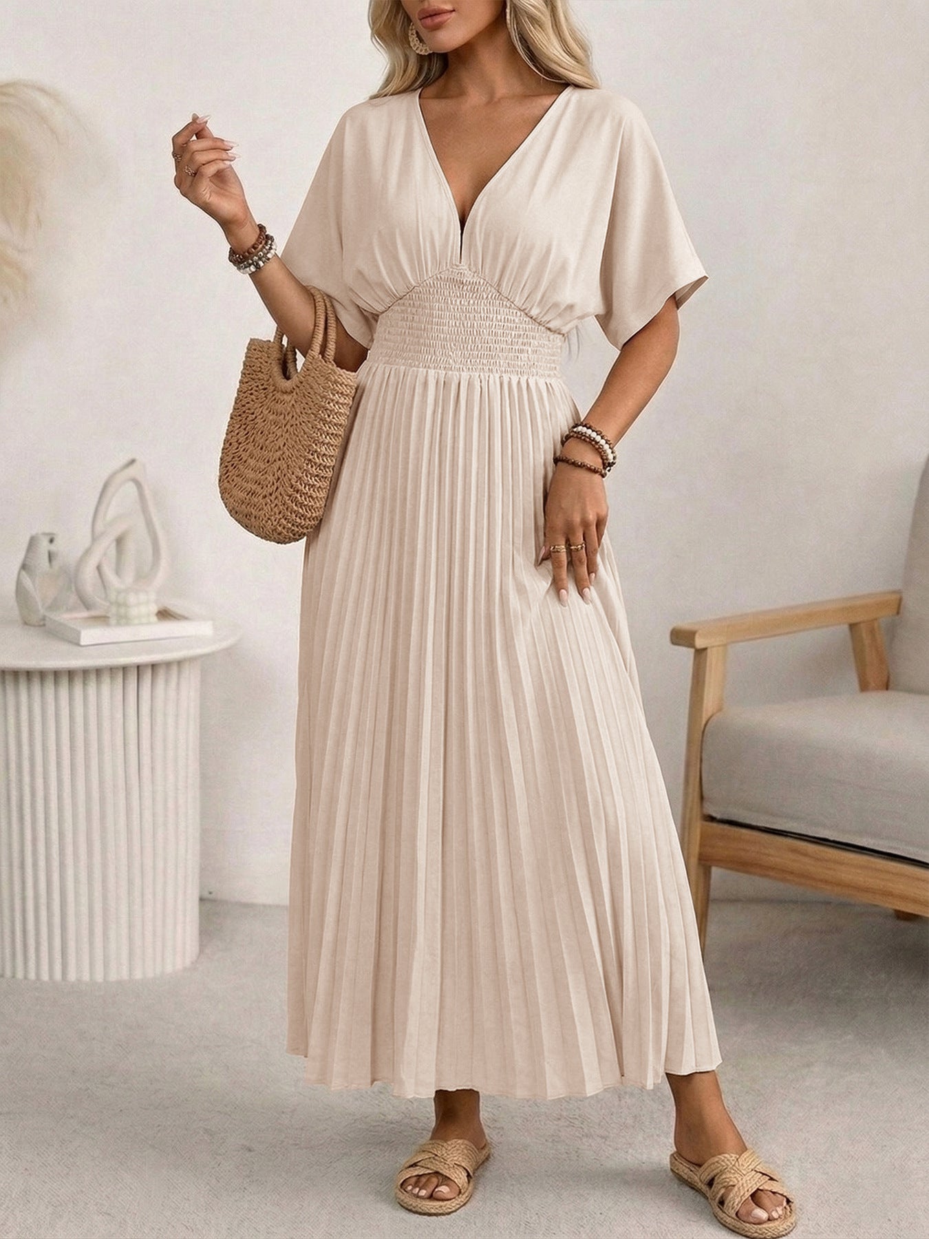 Margo & Main – cream pleated v-neck smocked maxi dress, front view, US women's sizes