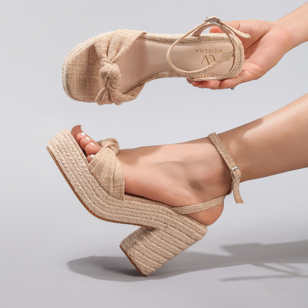 Margo & Main – Tan knotted bow espadrille wedge sandals, front and side view, US women's sizes